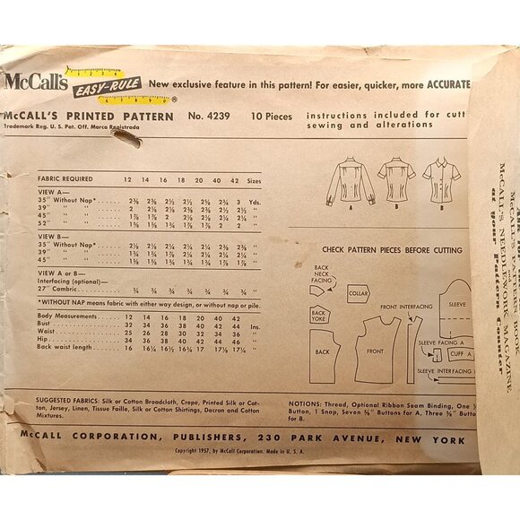 Vintage 1950s McCalls Womens & Misses Blouse Sewing Pattern 4239 Size 14 - Picture 2 of 2